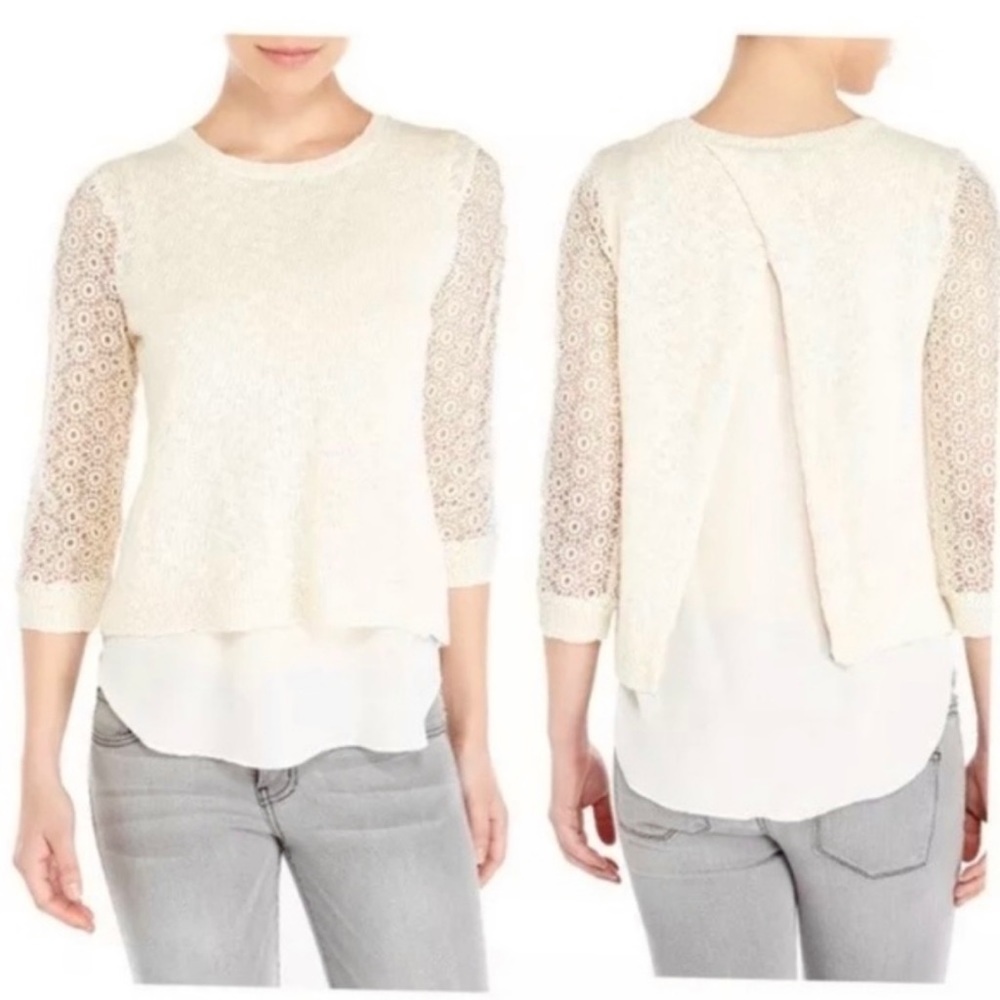 Lucky Brand Ivory Lace Chiffon Split Back Sweater Eyelet Medium